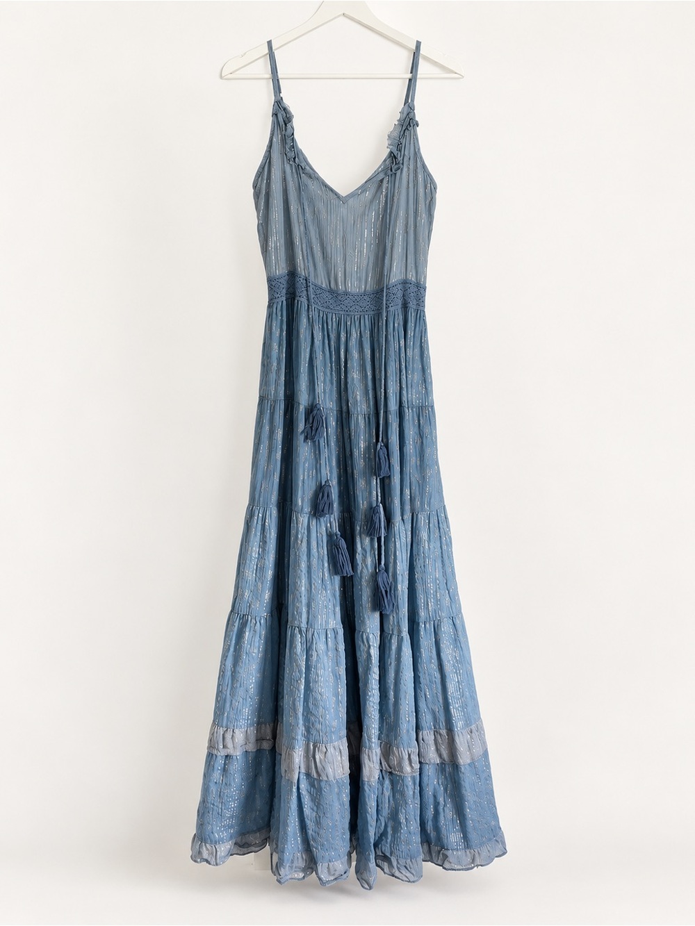 Debbie Katz South Beach Dusty Blue Tiered Maxi Dress with Tassel Detail